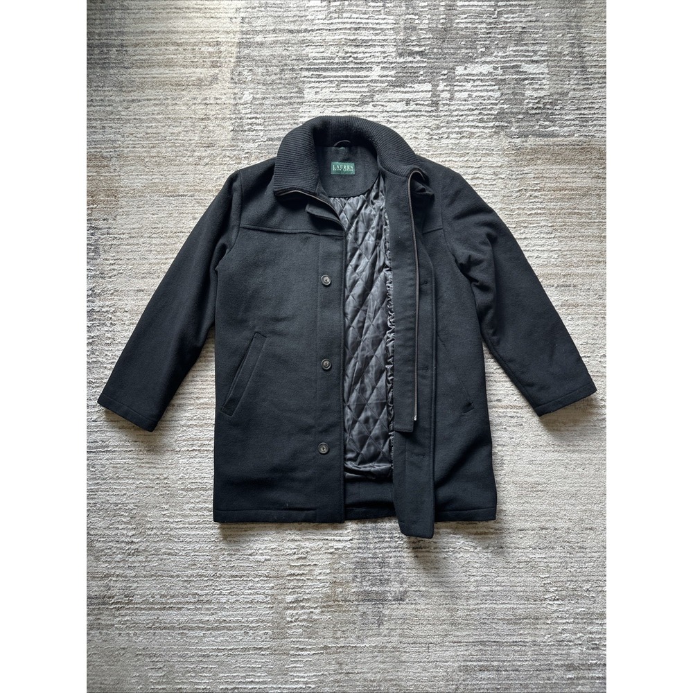 LAUREN RALPH LAUREN Jacket Black Sz M Overcoat Wool/Nylon Pea Coat Quilted Y2K